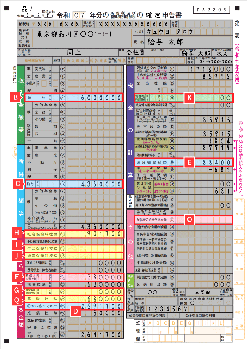 源泉徴収票から転記する箇所(確定申告書第一表)