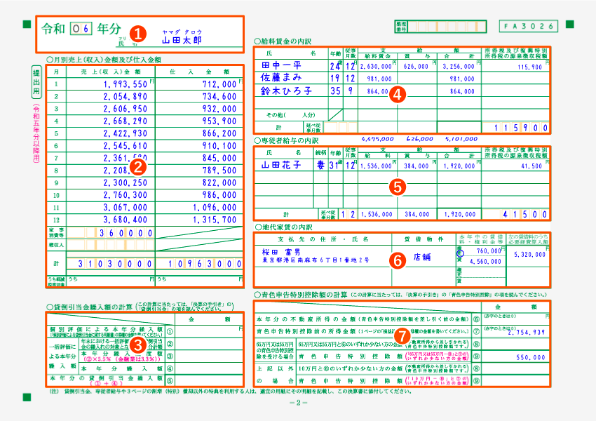令和5年分以降用 青色申告決算書2ページ 記入例(全体)