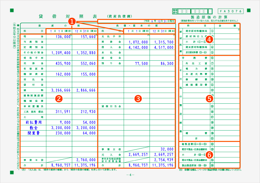 令和5年分以降用 青色申告決算書4ページ 記入例(全体)