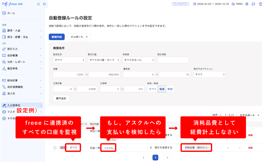 freeeの自動登録ルールの設定画面 - クレジットカード連携機能 設定例）