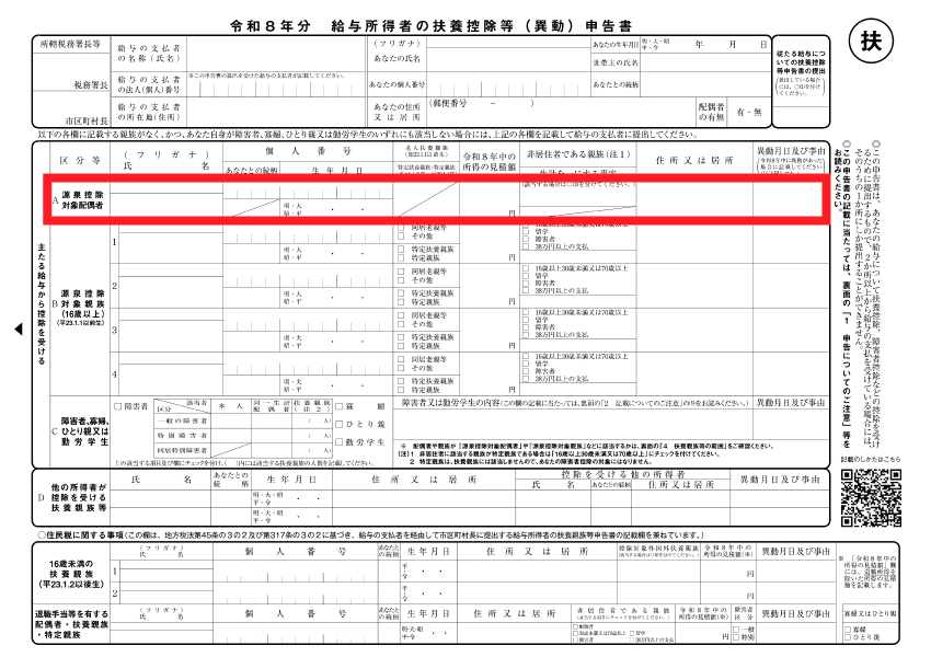扶養控除等申告書 - 源泉控除対象配偶者の記入欄