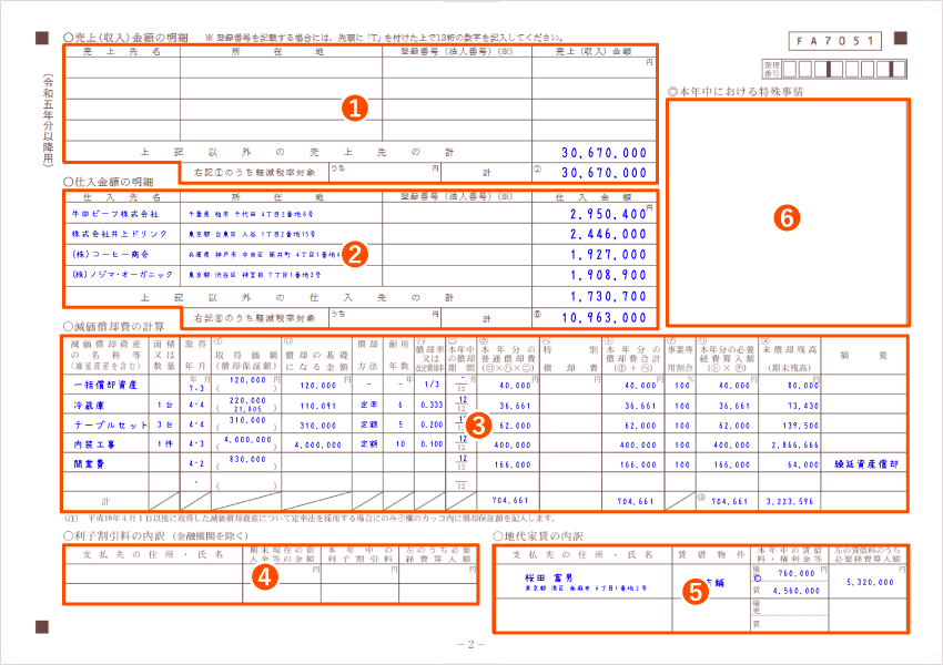 令和7年分用収支内訳書2ページ目 記入例（全体）