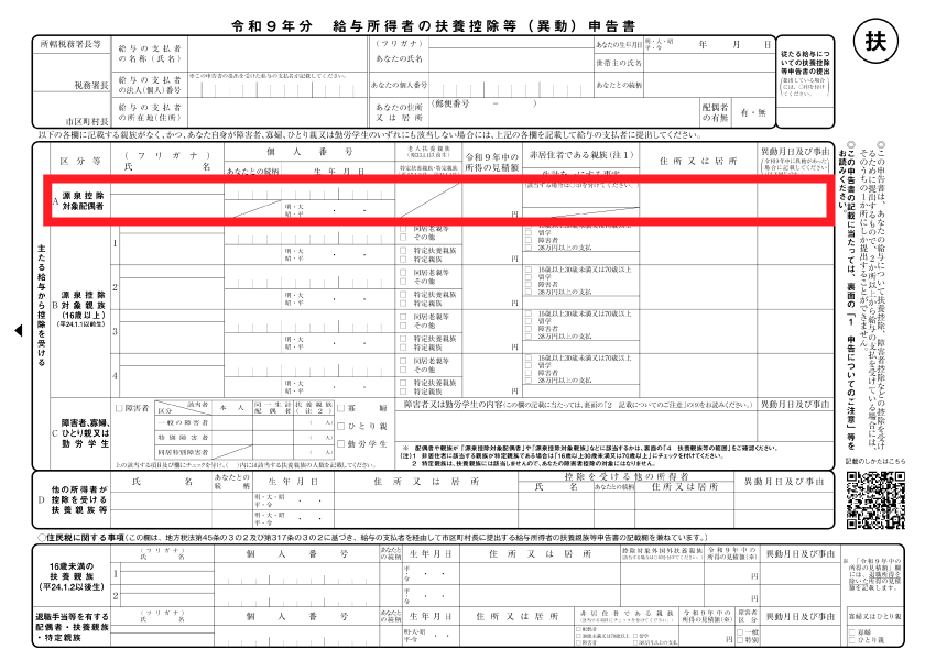 扶養控除等申告書 - 控除対象配偶者の記入欄