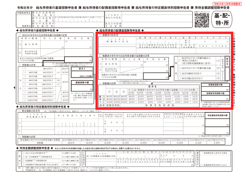 配偶者控除等申告書 - 控除対象配偶者の記入欄